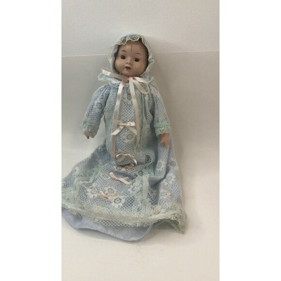 Vintage Wind Up Moving Baby Doll Blue Lace Gown & Hat Pink Bows - Picture 14 of 16